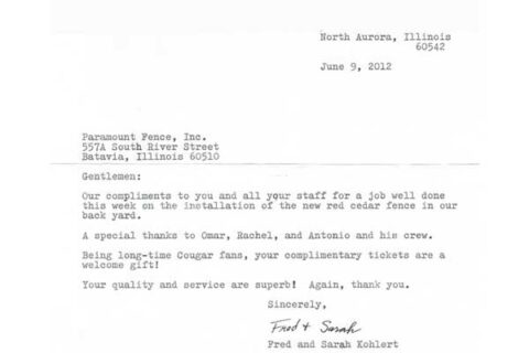 Complimentary letter for Paramount fencing,IL